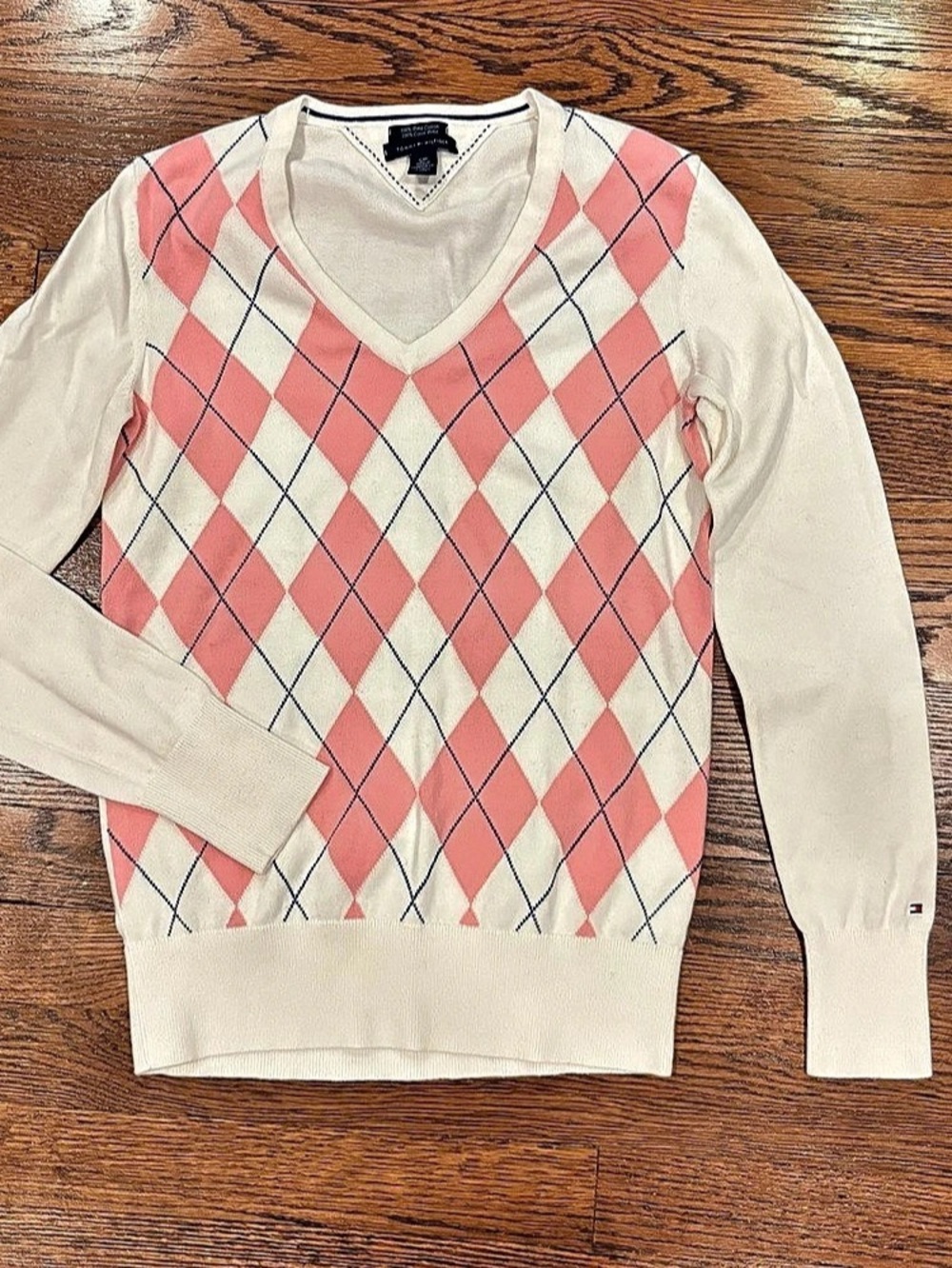 Tommy Hilfiger Women'Small Argyle V-Neck Pima Cotton Sweater Size Small